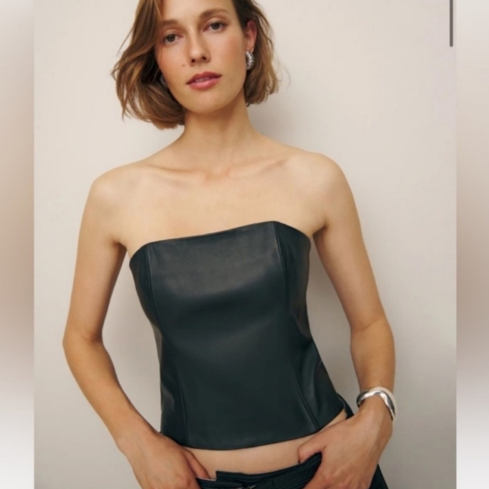 Reformation Veda Strapless Black Leather Crop Top
